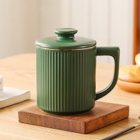 洁雅杰陶瓷马克杯带盖水杯子(450ml)牛奶杯早餐杯办公杯男女茶杯绿色 绿色J105