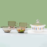 可美瑞特 餐具套装甜汤煲沙拉碗泡面碗汤碗带盖 陶瓷煲玻璃杯双耳碗五件套