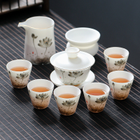 MULTIPOTENT整套茶具羊脂玉手绘中国白茶具套装10头墨彩荷花盖碗礼盒套装