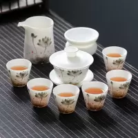 MULTIPOTENT整套茶具羊脂玉手绘中国白茶具套装10头墨彩荷花盖碗礼盒套装