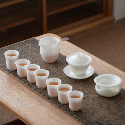 苏氏陶瓷(SUSHI CERAMICS)茶具套装德化羊脂玉纯白冰种玉瓷盖碗10头套装