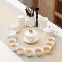 苏氏陶瓷(SUSHI CERAMICS)描金羊脂玉三才盖碗泡茶壶德化陶瓷中国白功夫大套组礼盒装