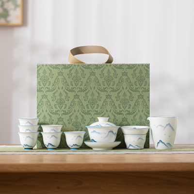 苏氏陶瓷(SUSHI CERAMICS)手绘画江山羊脂玉瓷盖碗套组非遗老师苏爱珍作品