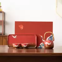 苏氏陶瓷(SUSHI CERAMICS)国潮宫墙红瑞鹤呈祥功夫茶具窑变自然纹理提梁壶陶瓷托盘礼盒装