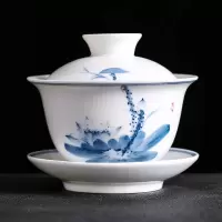 MULTIPOTENT功夫茶具三才盖碗手绘青花荷韵薄胎瓷泡茶碗