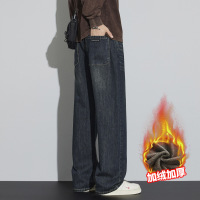 欧美风时尚感街潮男裤加绒秋冬季保暖厚款东北防寒直筒男士牛仔裤