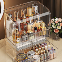 星优化妆品收纳盒桌面防尘透明高级感大容量多层护肤品置物架亚克力箱 [巨无霸-防尘款三层]高透白 单位:1组