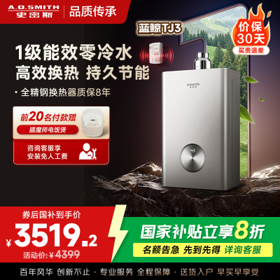 AO史密斯佳尼特蓝鲸TJ3 1级能效 16L零冷水燃气热水器 不锈钢换热器包8年专利CO防护系统 JSLQ28-TJ3