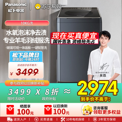 松下全自动10KG滚筒洗衣机星曜银低噪节能大容量不锈钢内桶顶开式XQB100-U1D7