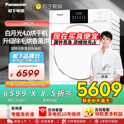 [以旧换新补贴]松下白月光4.0烘干机家用12KG变频热泵除菌除毛干衣机NH-N571DR