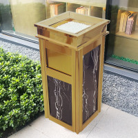 欧润哲 金色黑微晶石侧开垃圾桶8L大堂垃圾桶带烟灰缸不锈钢立式烟筒烟灰桶方桶