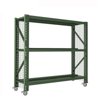 格具(GEJU) 货架 单层称重500公斤双层盾牌架带轮子带侧网三层军绿色