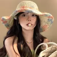 彩色编织草帽女夏季海边度假遮阳防晒帽透气镂空大帽檐显脸小帽子3759A