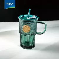 乐唯诗 墨绿色原色印章带把高颜值带盖带吸管玻璃水杯—410ml