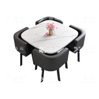 臻远 ZY4100957 简约接待桌椅洽谈桌椅 一桌四椅 白石根方桌黑色皮椅