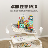 儿童多功能积木桌可升降大颗粒拼装玩具桌折叠画板宝宝益智游戏桌/小熊积木桌+椅子(62颗粒恐龙滑道)-米咖色