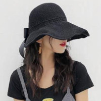 波斯丹顿帽子女士百搭大檐遮阳帽夏季旅行防晒帽子空顶蝴蝶结编织帽 黑色