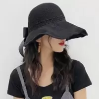 波斯丹顿帽子女士百搭大檐遮阳帽夏季旅行防晒帽子空顶蝴蝶结编织帽 黑色