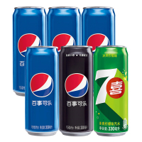 百事可乐 细长易拉罐 330ml* 6罐 混合装组 (百事 美橙 七喜 无糖四口味随机)