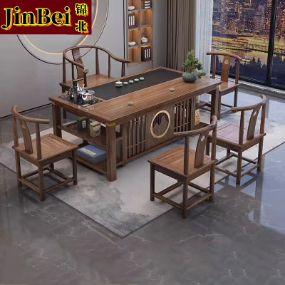 锦北 茶台茶具套装一体禅意茶几茶桌椅组合套装泡茶台1.6祥和桌+围椅+4月牙