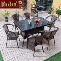 锦北藤椅阳台桌椅室外庭院藤编椅子花园茶几藤椅组合6椅+150全藤直角桌
