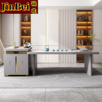 锦北现代轻奢岩板餐桌岛台茶桌烧水壶一体桌客厅泡茶桌椅2.4米1桌4椅