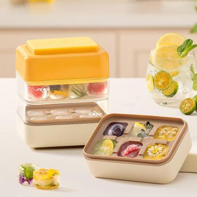 小熊冰块模具食品级按压式冰格家用硅胶带盖自制冻冰块神器储存盒 卡其色-6格硅胶冰格+储冰盒+盖
