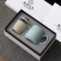 唐丰汝窑办公杯茶水分离杯高档个人陶瓷泡茶杯 天青龙把办公杯礼盒装