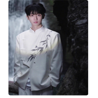 新中式男装国风白色小西服高级感痞帅中山装水墨竹子盘扣订婚外套 白色西服+白色西裤