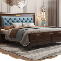 田园驿站新中式乌金木科技皮实木床双人床 加厚床+乳胶床垫+配套床头柜*1[1800mm*2000mm框架结构