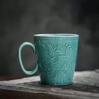 苏氏陶瓷 SUSHI CERAMICS浮雕孔雀马克杯个性水杯牛奶杯办公陶瓷杯