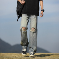 宽松牛仔裤男青年潮牌大学生休闲裤子男磨白牛仔裤男生割破乞丐裤