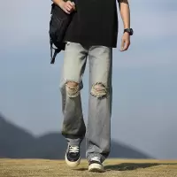 宽松牛仔裤男青年潮牌大学生休闲裤子男磨白牛仔裤男生割破乞丐裤