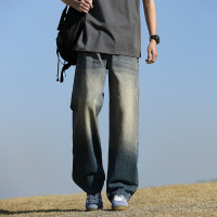 新款美式宽松直筒长裤水洗做旧复古牛仔裤男高街阔腿百搭休闲裤男