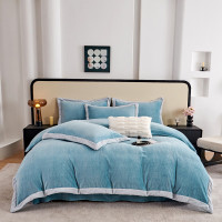 彼加曼 BGM-T2545婴儿绒全消光宽边拼角四件套 湖兰(被套200*230cm)