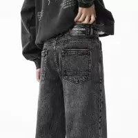 黑灰色牛仔裤阔腿宽松潮牌美式高级感直筒休闲长裤有加绒