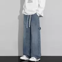 直筒拼接男士工装牛仔裤高街休闲阔腿裤美式潮流