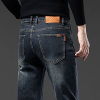 品质热力绒保暖男士牛仔裤加绒加厚弹力修身一体绒中年商务休闲裤