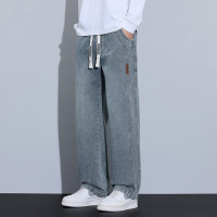 痞帅潮流复古阔腿牛仔裤男四季款百搭宽松高街松紧腰抽绳直筒长裤