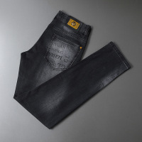 男款牛仔裤虎头黑色高端小脚裤男生轻奢印花弹力长裤男士_284114