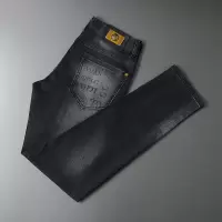 男款牛仔裤虎头黑色高端小脚裤男生轻奢印花弹力长裤男士_284114