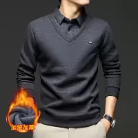 含羊毛假两件男士毛衣爸爸装秋冬季新款加绒保暖翻领打底针织衫男