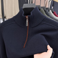 2024年新款男士羊毛衫立领拉链加厚保暖提花长袖打底中年针织衫男