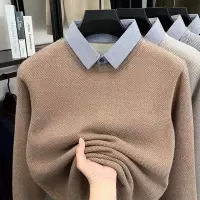 加绒雪貂假两件男士毛衣2025秋冬季新款纯色翻领保暖打底针织衫男