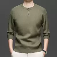 三粒扣圆领毛衣男秋季新款时尚休闲纯色百搭长袖打底男士针织衫_513