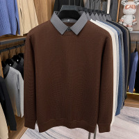 含羊毛华夫格加绒假两件毛衣男2025秋冬新款550g翻领打底针织衫男