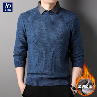 加绒男士假两件毛衣冬季新款中年翻领加厚保暖长袖打底针织衫男_16270