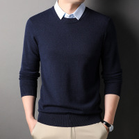 加厚毛衣男士假两件2025秋冬季新款时尚衬衫领长袖针织衫男