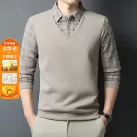 冬季含羊毛蚕丝男士假两件加绒加厚保暖衬衫领印花打底针织衫男_300814