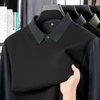 含蚕丝羊毛男士假两件上衣2025秋季新款衬衫领条纹休闲男士针织衫